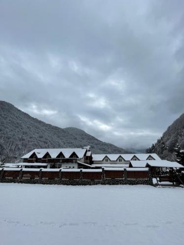 a building with snow covered roofs on top of a lake at Pensiunea Dany in Clopotiva