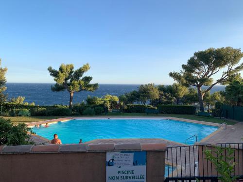 une piscine avec l'océan en arrière-plan dans l'établissement Les 2 frères - Vue mer panoramique solarium - les Sablettes, à Saint-Mandrier-sur-Mer