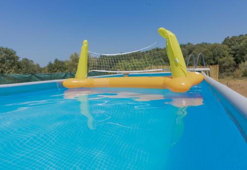 a swimming pool with an inflatable raft in the water at Casa Luna Rural Con Piscina y Jardín in Ourense