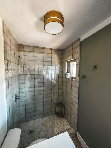 a bathroom with a shower with a toilet and a sink at Woody Mountain Bed & Breakfast in Flagstaff