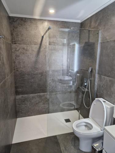 ein Badezimmer mit Toilette und Glasdusche in der Unterkunft Casa do Mar - Ribeira Quente Azores in Ribeira Quente