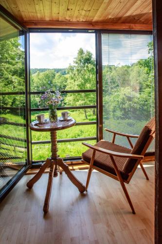 a table and a chair in a room with a large window at Holiday Home Dolní Jílovice by Interhome in Vyšší Brod