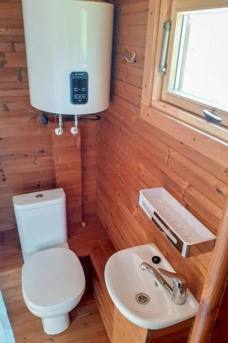 a small bathroom with a toilet and a sink at Holiday Home Kemp Stříbrný rybník-6 by Interhome in Hradec Králové