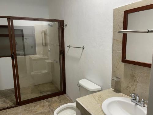 y baño con ducha, aseo y lavamanos. en Hotel casa teresa café galería, en Juchitán de Zaragoza
