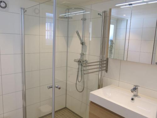a bathroom with a shower and a sink and a mirror at Holiday Home Revenbu by Interhome in Fossdal