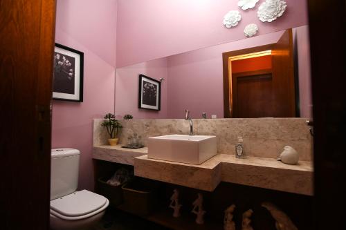 bagno con lavandino, servizi igienici e specchio di Sitio Agua Doce a Santa Branca