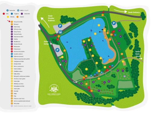 a map of a park with colored dots at Holiday Home Kemp Stříbrný rybník-14 by Interhome in Hradec Králové