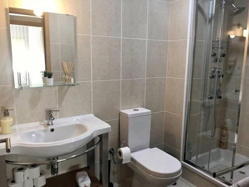 a bathroom with a toilet and a sink and a shower at Praia da Vagueira - Lights, Sea, Action! in Gafanha da Boa Hora