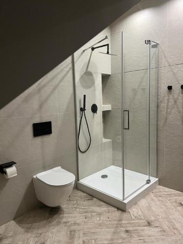 a bathroom with a shower and a toilet at Apartamenty Terminal Charzykowy in Charzykowy