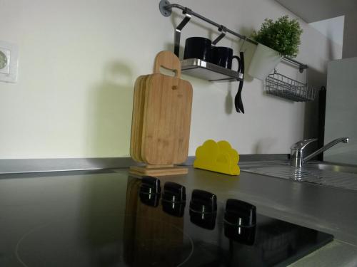 kuchnia z drewnianą deską do cięcia na ladzie w obiekcie Apartment Zvonko w mieście Metajna
