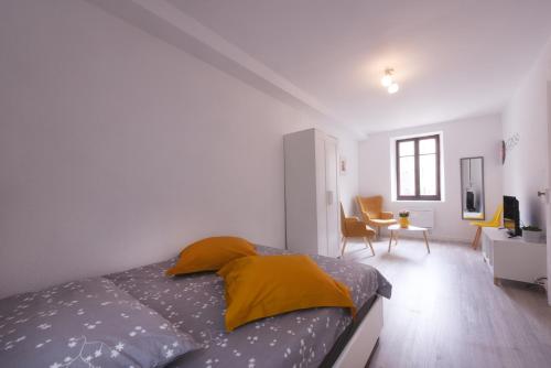 a bedroom with a bed with two yellow pillows at Cœur de vieille ville in Gex