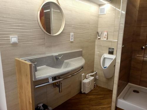 ein Badezimmer mit einem Waschbecken, einem WC und einem Spiegel in der Unterkunft Bukowy zakątek kwatera prywatna in Koszalin