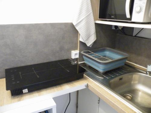 eine kleine Küche mit einer Spüle und einer Mikrowelle in der Unterkunft Charmant F2 de 30m2 moin cher à 25 min de Paris jusqu'à 5 personnes in Le Mée-sur-Seine