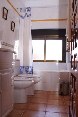 a bathroom with a toilet and a sink and a window at Casa Rural Flor in Vadocondes