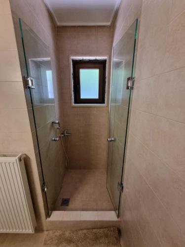 a shower with a glass door in a bathroom at PS Attic Polydrosos - PS Rental in Polydrossos