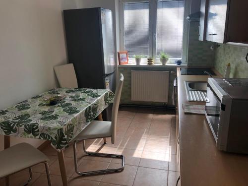 eine kleine Küche mit einem Tisch, einem Tisch und Stühlen in der Unterkunft Apartmán v Týně nad Vltavou in Týn nad Vltavou