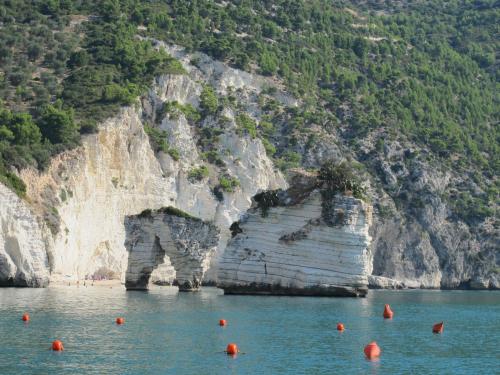 a beach with red buoys in the water next to a mountain at Olive&Sea Villa-OLIVE in Mattinata