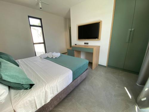 a bedroom with a bed and a desk and a television at H2O in Ureki