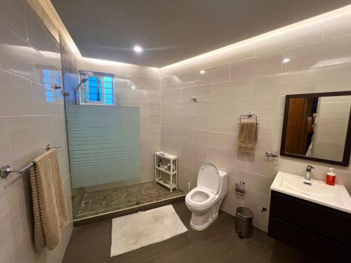 een badkamer met een toilet, een douche en een wastafel bij Studios Don Bosco in Santo Domingo