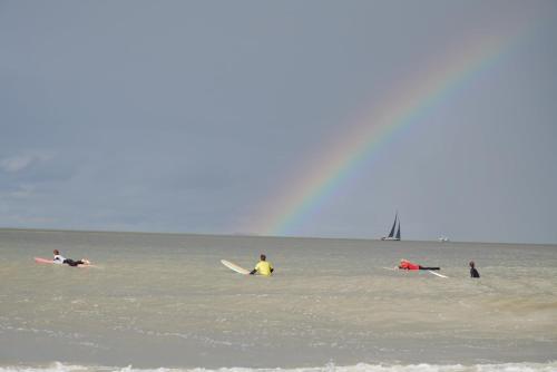 a group of people in the ocean with surfboards at Vakantiehuis Joanitas in Bredene