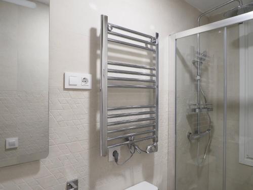 La salle de bains est pourvue d'une douche avec une porte en verre. dans l'établissement Precioso apartamento en Cuatro Caminos by beBalmy, à Madrid