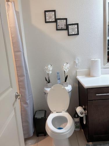 a bathroom with a toilet with three pictures on the wall at Domain at Kirby in Houston