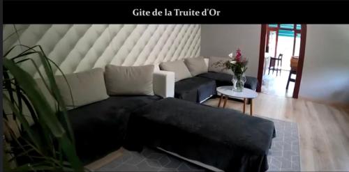 ein Wohnzimmer mit einem Sofa und einem Tisch in der Unterkunft Gîte La Truite d’Or in Lods
