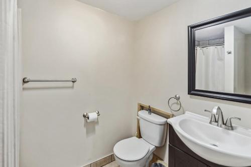 a bathroom with a toilet and a sink and a mirror at Poconos Chalet newly renovated, great location home in Tobyhanna