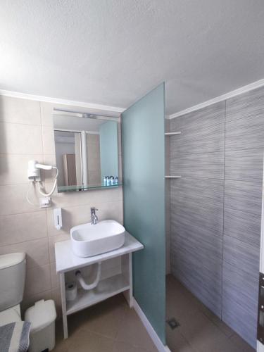 スカラ・エレソスにあるMaria Pantermou Roomsのバスルーム(洗面台、トイレ、鏡付)