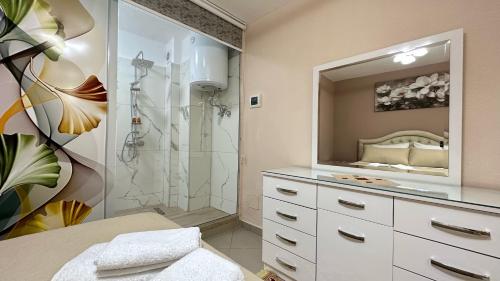 a bathroom with a shower and a large mirror at Duplex Mino, Pazari i Vjetër Korçë in Korçë