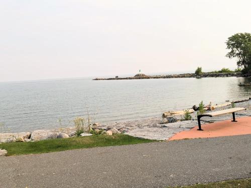a bench sitting next to a body of water at PARADISE VILLa Bowmanville in Bowmanville