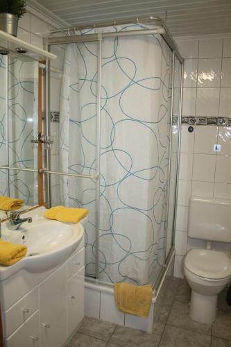 Un baño con ducha, lavabo e inodoro. en Gästehaus Marek, en Nordenham