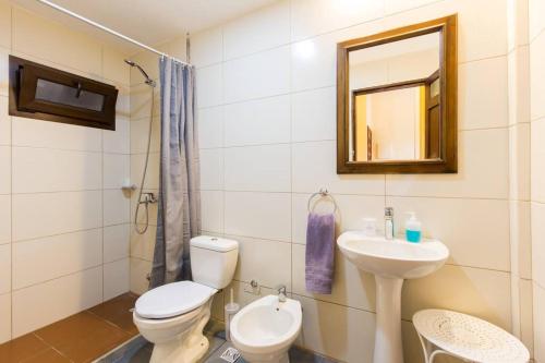 ein Badezimmer mit einem WC, einem Waschbecken und einem Spiegel in der Unterkunft The Wall Montevideo [001] Live in The Old Town in Montevideo