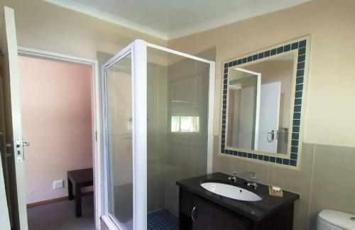 a bathroom with a sink and a mirror at Redberry Guest House in Mbabane