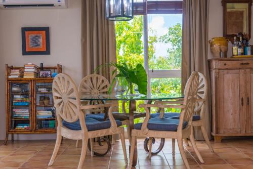 a dining room with a glass table and chairs at Marks Reef in Lance aux Épines
