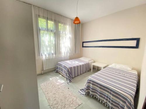 1 Schlafzimmer mit 2 Betten und einem Fenster in der Unterkunft ÇobanEvi Gökçeada sakin,huzurlu... in Gokceada Town