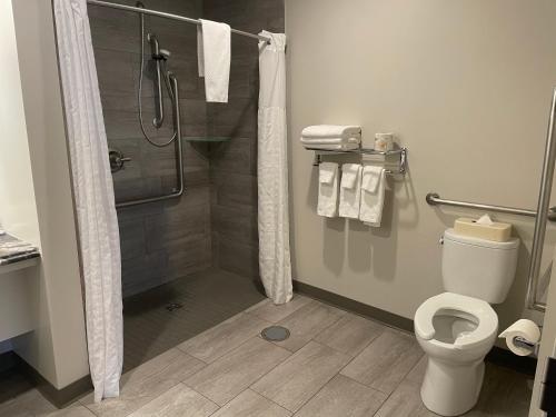 a bathroom with a shower and a toilet at Howard Johnson by Wyndham Thunder Bay in Thunder Bay