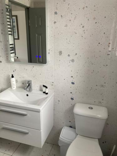 a bathroom with a sink and a toilet and a mirror at Anchor’s Away in Letterkenny