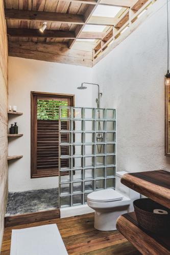 a bathroom with a toilet and a glass shower stall at Bocas Garden Lodges in Bocas del Toro