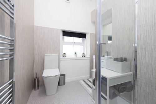 La salle de bains est pourvue de toilettes et d'un lavabo. dans l'établissement Two Bedroom Country Cottage With Parking, à Musselburgh