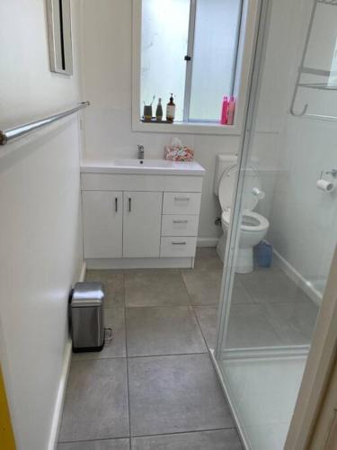 a bathroom with a shower and a sink and a toilet at Cosy Tin Shack - Venus Bay in Venus Bay