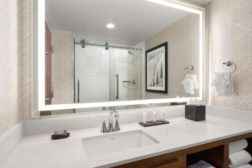 a bathroom with a sink and a large mirror at Embassy Suites by Hilton Portland Airport in Portland