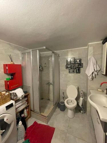 een badkamer met een douche, een toilet en een wastafel bij The Room in Karşıyaka