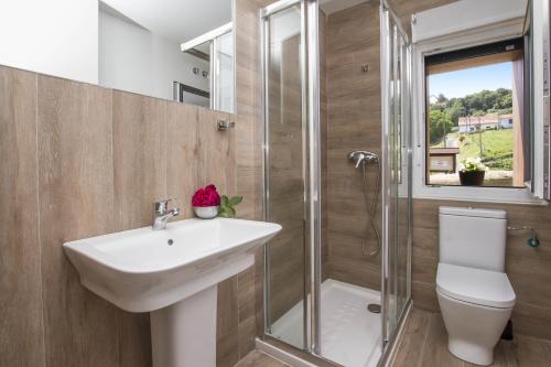a bathroom with a toilet and a sink and a shower at Lekeitio Aterpetxea Hostel in Lekeitio
