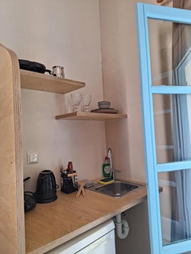 a kitchen counter with a sink and shelves at Giannakis Filoxenia in Philotium
