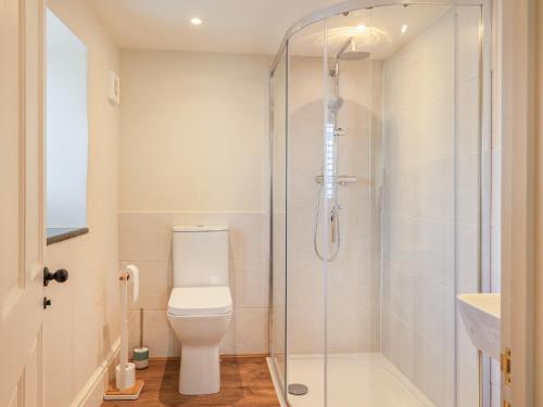 a bathroom with a toilet and a glass shower at Lower Barrowfield Farm in Beaminster