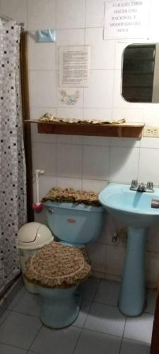 een badkamer met een blauw toilet en een wastafel bij Candida in Caracas