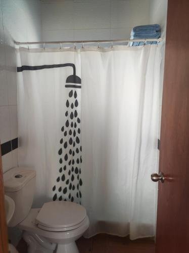 a bathroom with a toilet and a shower curtain at Cabaña Independiente Punta de Choros in Choros