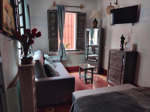 a living room with a couch and a television at Barranca12 in Guanajuato