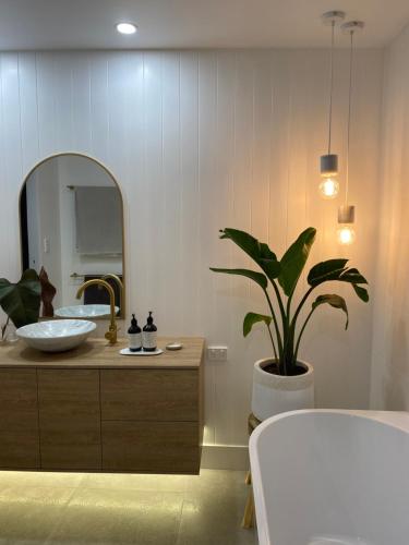 La salle de bains est pourvue d'un lavabo, d'un miroir et d'une plante en pot. dans l'établissement 600m to Beach, Family Entertainer, Aircon, Pool & Pizza oven, à Maroochydore